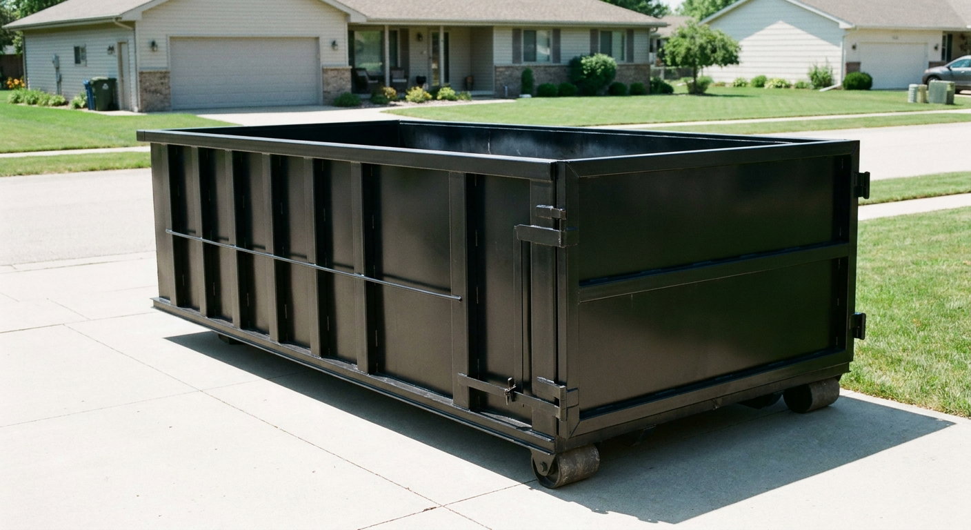 Matte-black 10-yard roll-off dumpster on a residential concrete driveway in West Jordan, uniformly painted matte black across every panel and rail, ribbed steel sidewalls and rear swing door visible, mid-day daylight.