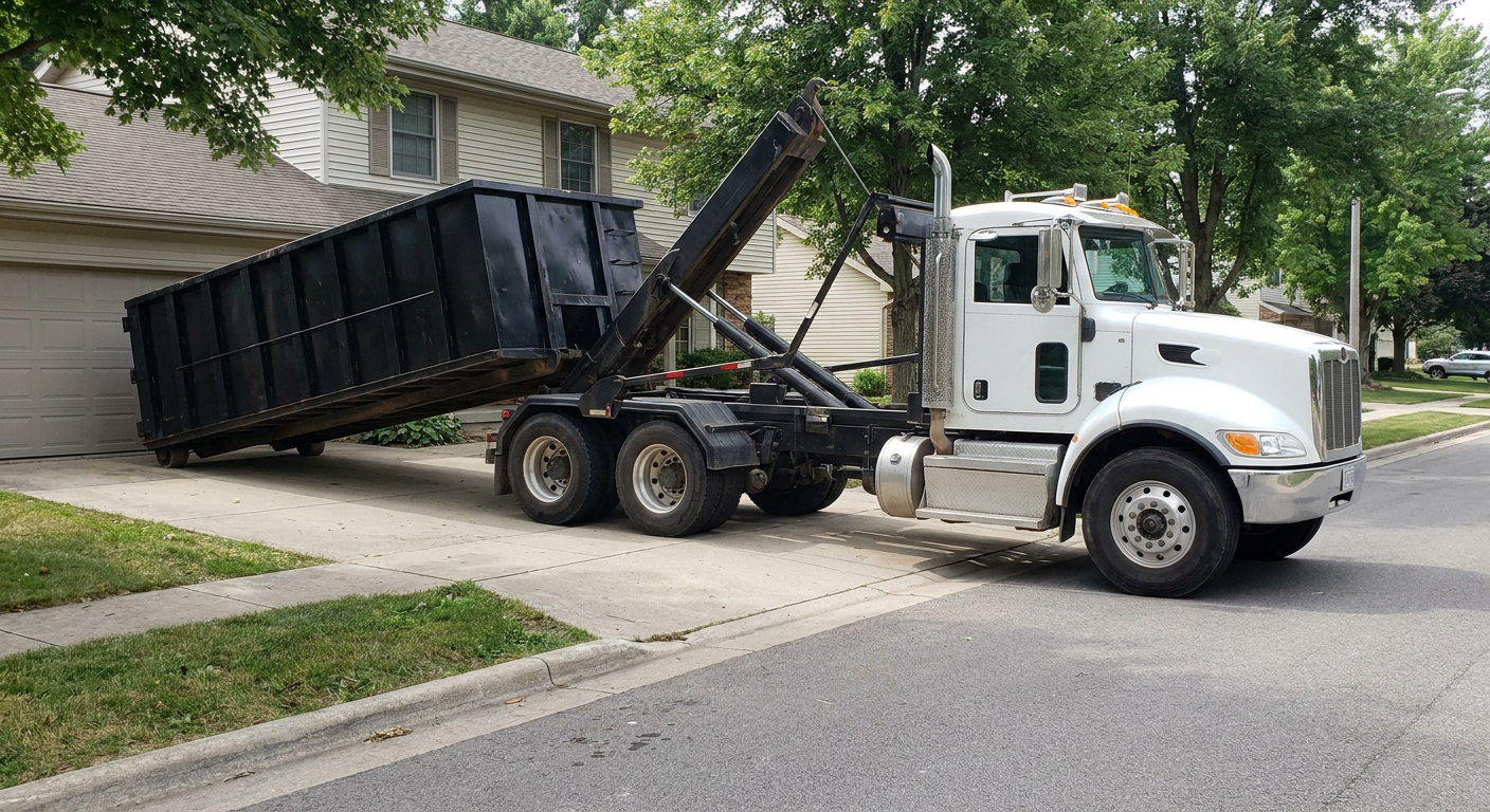 White-cab hooklift roll-off truck actively lowering a matte-black dumpster onto a West Jordan residential concrete driveway, the dumpster's rear wheels touching the driveway as the hoist arm tilts the bed forward, mid-morning daylight.